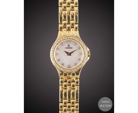 A LADIES 18K SOLID YELLOW GOLD &amp; DIAMOND CONCORD BRACELET WATCH

CIRCA 1990s, WITH ORIGINAL DIAMOND SET MOTHER OF PEARL D
