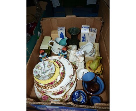 A quantity of china to include: Royal Albert "Old Country Roses" tea plates, Beneagles Wade miniature decanters, Harrod's mug