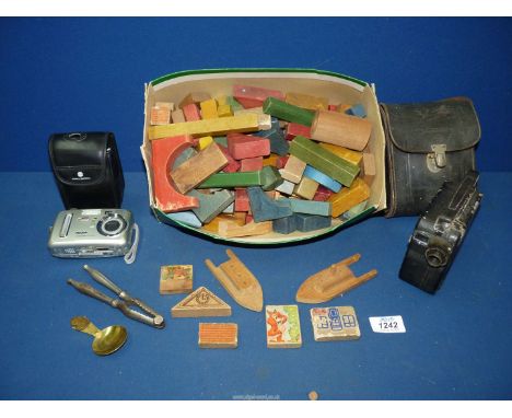 A small quantity of miscellaneous to include: a children's wooden building blocks, a cased pathescope "H" camera, a cased "Ko
