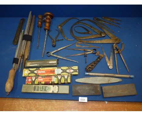 A tray of engraving tools to include: files, compasses, callipers,etc.