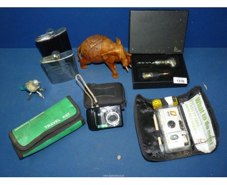 A small quantity of miscellanea including enamel and metal bird trinket pot, carved wood Elephant, hip flask, bottle opening 