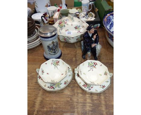 A Royal Doulton 'Old Leeds Sprays' lidded dish and soup coups with saucers, Royal Doulton figure 'Shore Leave' and a German t