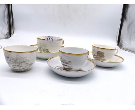 Three Spode printed cups and saucers and one extra cup.
