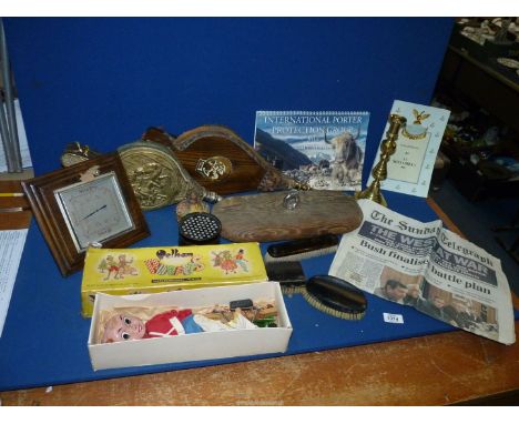 A box of miscellaneous vintage items including two bellows, a Pelham puppet, Art Deco style barometer (no glass), Venetian Op