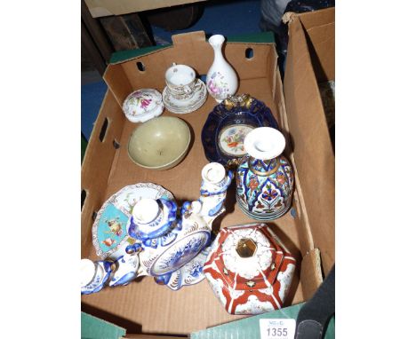 A quantity of china to include: Meissen plate (rubbed), Russian made blue and white candelabra, glazed pottery dish, Coalport