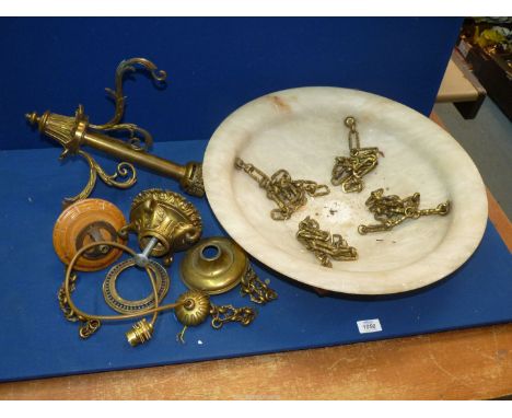 An alabaster Plafonnier with brass fixings and lion masks, 19" diameter, a/f.