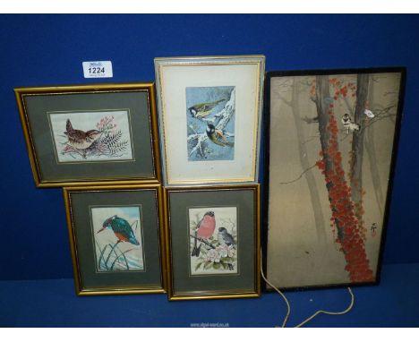 Four framed woven bird pictures by J&J Cash Ltd., plus an oriental ink painting of a vine covered tree trunk with a bird.