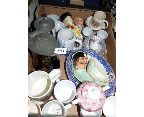 A quantity of miscellaneous china to include: a Delft tankard, Kelsboro ware and Doulton small character jugs, cabinet cups a