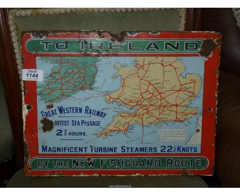 A small GWR pictorial enamel map Sign 'To Ireland by the New Fishguard route', 15" x 11 1/4".