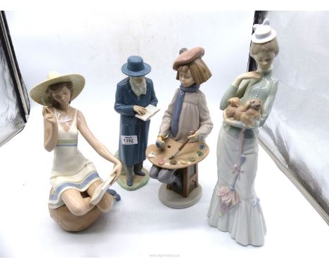 Four large Nao figures to include an 'Artist with pallet', 'Holiday Letters', 'The Rabbi' and a Lladro lady holding a dog (so
