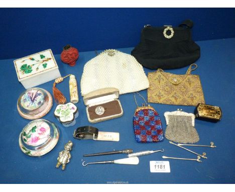 A small quantity of miscellaneous to include: vintage purse, chain mail purse, sterling silver folding button hook, Epns ratt