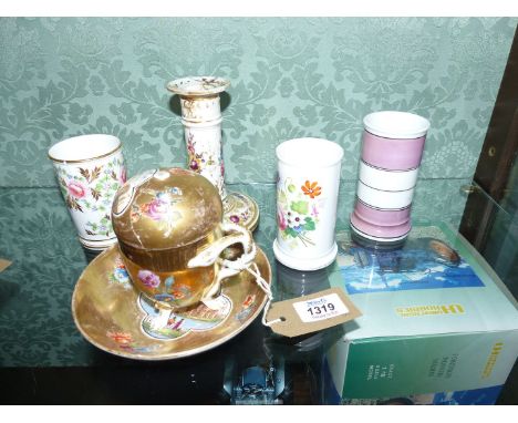An early chocolate cup and saucer (lid damaged), three spill vases and a Derby candlestick, mostly a/f.