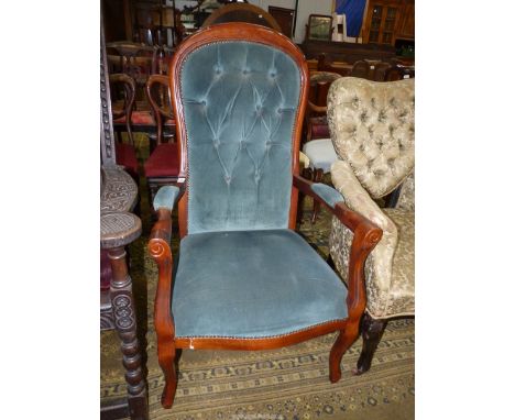 An elegant Mahogany/Satinwood framed button back open armed Chair, upholstered in deep aqua coloured velvet/draylon type fabr