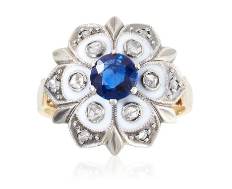 A SAPPHIRE, DIAMOND AND ENAMEL RING in yellow gold and silver, the round cut sapphire of 0.85 carats encircled by diamonds an