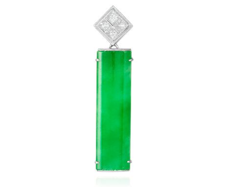 AN ART DECO STYLE JADE AND DIAMOND PENDANT in 18ct white gold, set with four princess cut diamonds suspending a polished jade