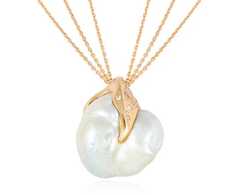 A LARGE BAROQUE PEARL AND DIAMOND PENDANT NECKLACE in 18ct yellow gold, the large baroque pearl mounted within a geometric go