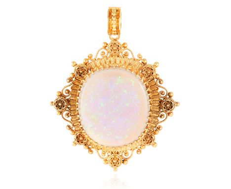 AN ANTIQUE OPAL PENDANT in high carat yellow gold, set with a cabochon opal in gold filigree border, unmarked, 4.0cm, 6.45g.