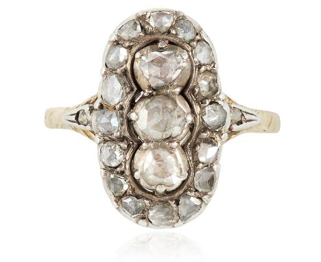 AN ANTIQUE DIAMOND CLUSTER RING, DUTCH 19TH CENTURY in high carat yellow gold and silver, the oval face set with three princi