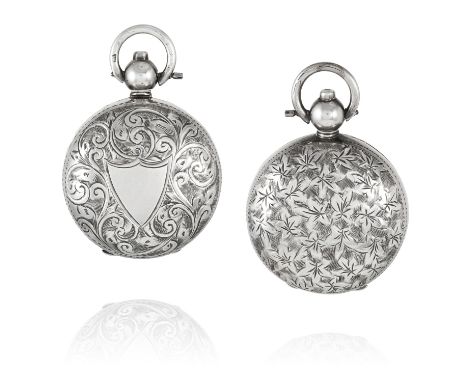 TWO ANTIQUE SILVER SOVEREIGN HOLDERS, EARLY 20TH CENTURY circular form, one with bright cut foliate engraving, the other with