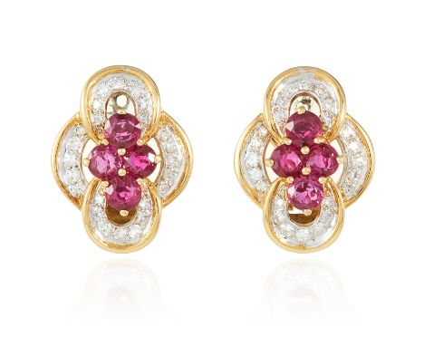 A PAIR OF VINTAGE RUBY AND DIAMOND EARRINGS, KUTCHINSKY in 18ct yellow gold, each set with four round cut rubies and round cu