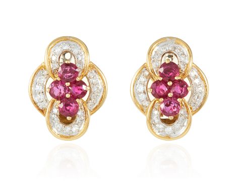 A PAIR OF VINTAGE RUBY AND DIAMOND EARRINGS, KUTCHINSKY in 18ct yellow gold, each set with four round cut rubies and round cu