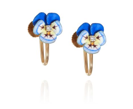 A PAIR OF ANTIQUE DIAMOND AND ENAMEL FLOWER EARRINGS in high carat yellow gold, depicting an enamel pansy, jewelled with a ro