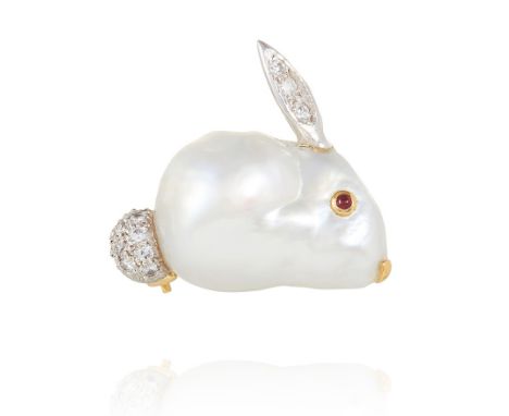 A BAROQUE PEARL, RUBY AND DIAMOND BUNNY RABBIT BROOCH, E WOLFE &amp; CO in high carat gold, designed as a baroque pearl with 