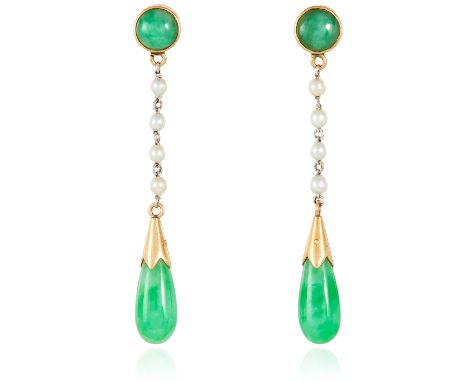 A PAIR OF JADEITE JADE AND PEARL EARRINGS in yellow gold, each suspending a jade drop below pearl chains, accented by a furth