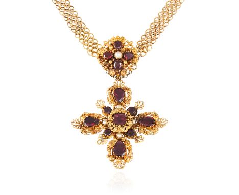 AN ANTIQUE ALMANDINE GARNET AND PEARL CROSS PENDANT NECKLACE, 19TH CENTURY in high carat yellow gold, the cannetille, wirewor