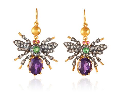 A PAIR OF AMETHYST, RUBY, GARNET AND DIAMOND FLY EARRINGS in gold and silver, each designed as a fly, jewelled with amethyst,