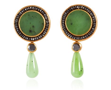 A PAIR OF NEPHRITE JADE AND BLACK DIAMOND DAY AND NIGHT EARRINGS, ZOBEL 2011 in 18ct yellow gold, each designed as a circular