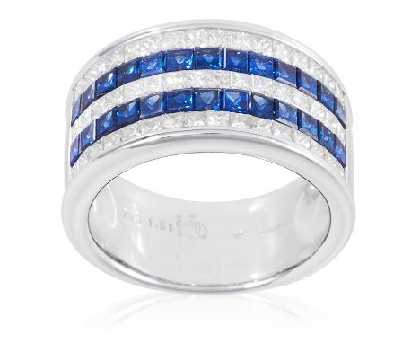 A SAPPHIRE AND DIAMOND HALF ETERNITY RING in 18ct white gold, comprising five rows of alternating princess cut diamonds and s