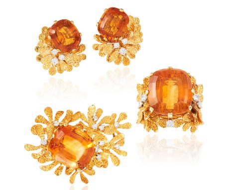 A CITRINE AND DIAMOND RING, EARRINGS AND BROOCH SUITE, HG 1969 in 18ct yellow gold, each set with a large cushion cut citrine