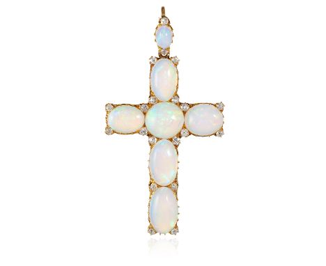 AN ANTIQUE OPAL AND DIAMOND CRUCIFIX PENDANT, 19TH CENTURY in high carat yellow gold, the cross design formed of six oval cab