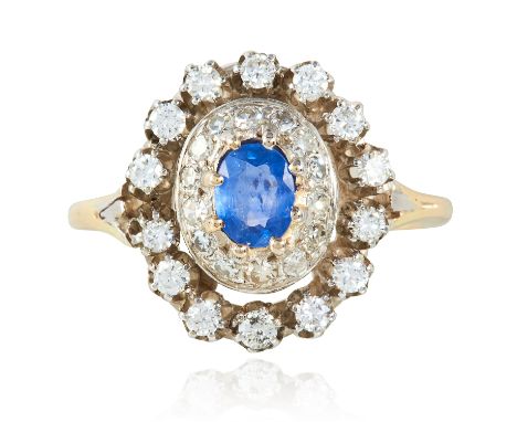 A SAPPHIRE AND DIAMOND RING in yellow gold and platinum, the oval cut sapphire within concentric rows of round cut diamonds, 