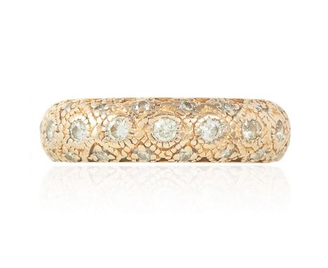 A DIAMOND ETERNITY RING in yellow gold, set all over with round cut diamonds in open framework, unmarked, size K / 5, 5.24g.