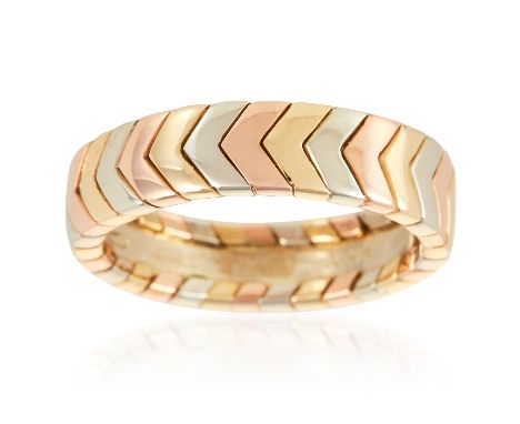 A THREE COLOUR BAND RING, CARTIER in 18ct gold, set with alternating yellow, rose and white gold, signed Cartier, stamped 750