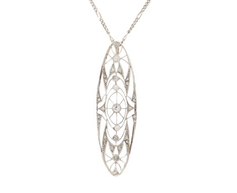 AN ART DECO DIAMOND AND PEARL PENDANT in platinum, the openwork scrolling body set with two pearls and four old cut diamonds,