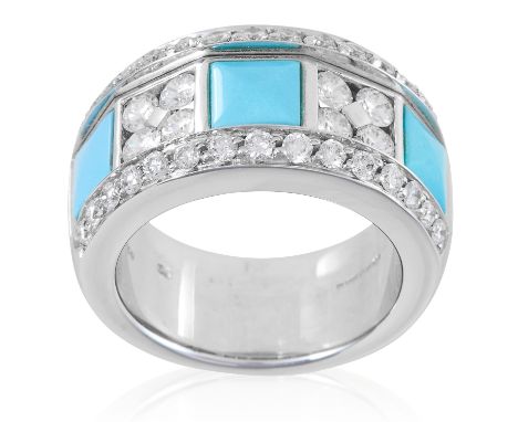 A TURQUOISE AND DIAMOND RING, PICCHIOTTI in 18ct white gold, set with alternating square turquoise cabochons and round cut di