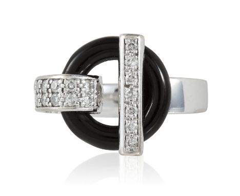 AN ONYX AND DIAMOND RING, GUY LAROCHE in 18ct white gold, the black onyx ring with diamond jewelled t-bar and loop, signed Gu