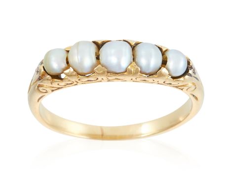 AN ANTIQUE FIVE STONE PEARL RING in high carat yellow gold, set with five pearls, unmarked, size R / 8.5, 4.34g.