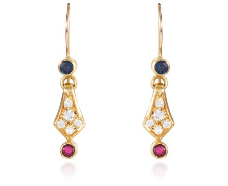 A PAIR OF SAPPHIRE, RUBY AND DIAMOND EARRINGS in yellow gold, each set with a round cut sapphire suspending round cut diamond