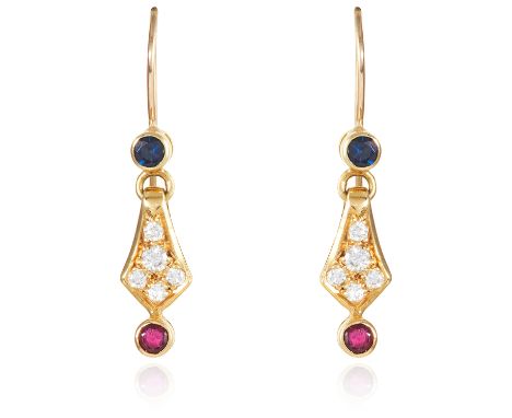 A PAIR OF SAPPHIRE, RUBY AND DIAMOND EARRINGS in yellow gold, each set with a round cut sapphire suspending round cut diamond