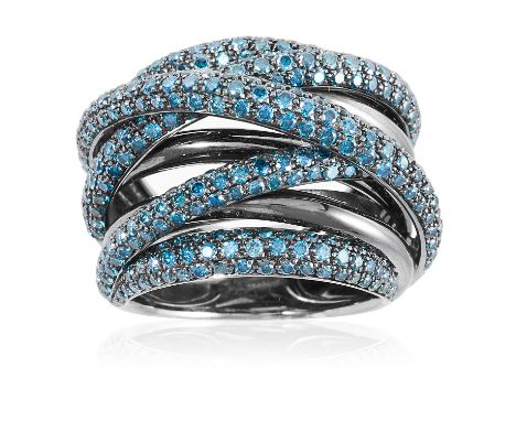 A BLUE DIAMOND DRESS RING in platinum, the octofurcated, interwoven design jewelled with round cut blue diamonds, stamped pla