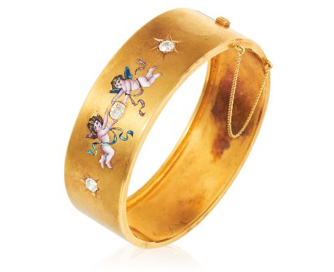 AN ANTIQUE DIAMOND AND ENAMEL BANGLE, FRENCH MID 19TH CENTURY in high carat yellow gold, the body set with a trio of old cut 