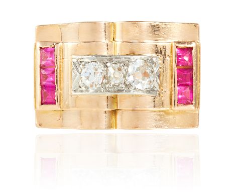 AN ART DECO RUBY AND DIAMOND RING, CIRCA 1940 in yellow gold, set with three old cut diamonds and six step cut rubies, unmark