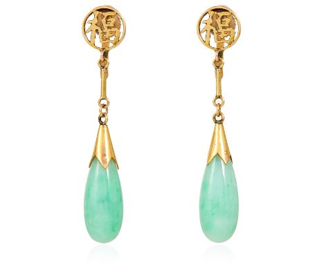 A PAIR OF ANTIQUE CHINESE JADEITE JADE DROP EARRINGS in yellow gold, each suspending a tapering jade drop below Chinese chara