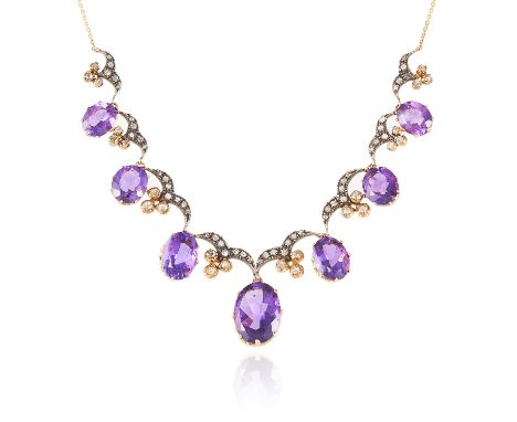 AN ANTIQUE AMETHYST AND DIAMOND NECKLACE, 19TH CENTURY in high carat yellow gold and silver, possibly Spanish or Portuguese, 