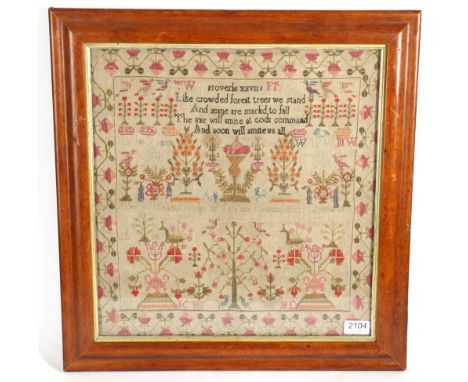 A 19th Century Scottish Sampler by Helen Whitehead, Bridge of Earn, 1829 with central proverb to the top, 'Like crowded fores