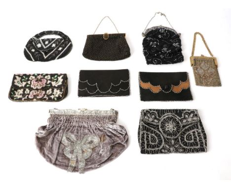 Assorted Late 19th Century to Early 20th Century Evening Bags, including a small French gilt metal mounted bag, with metallic